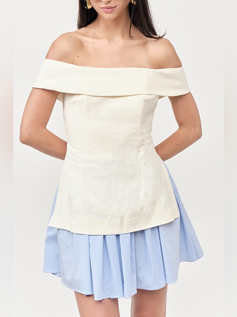 Maude Club Grace Off Shoulder Linen Combo Mini Dress Size S NWT